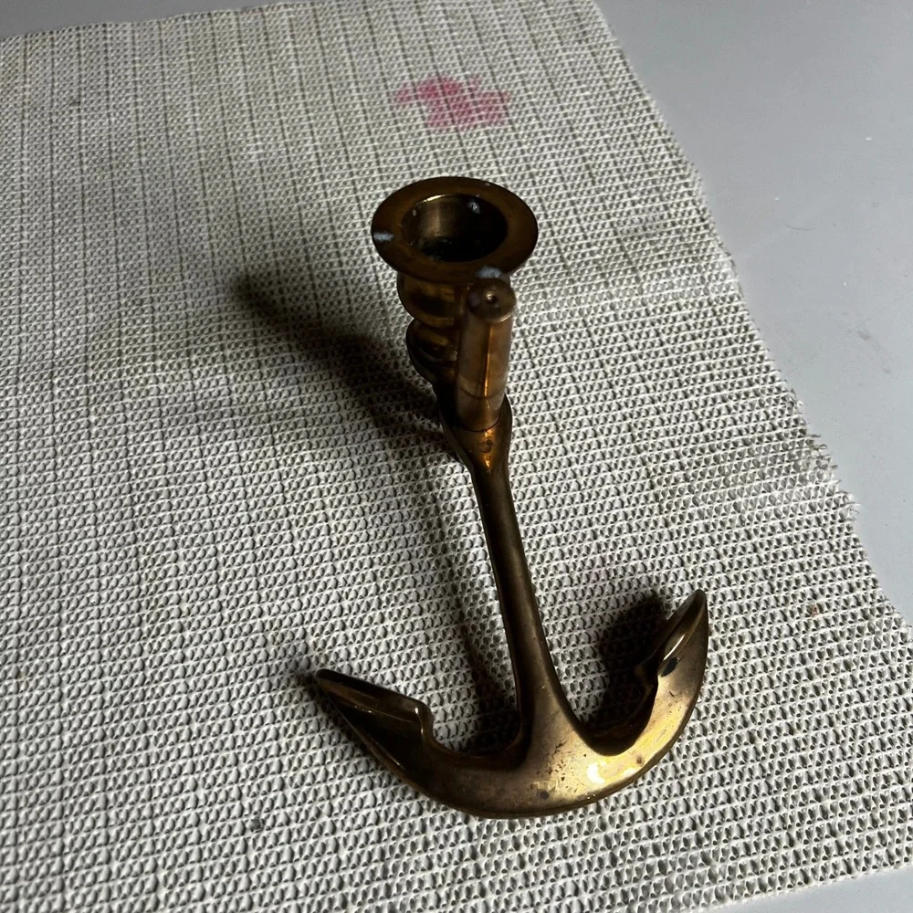 Vintage Solid Brass Anchor Candlestick Holder Nautical Maritime Decor Gold Tone
